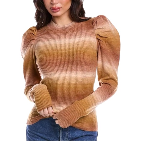 En Saison Brown Tan Ombre Stripes Ribbed Puff Sleeve Wool Blend Sweater Size S - Picture 1 of 13